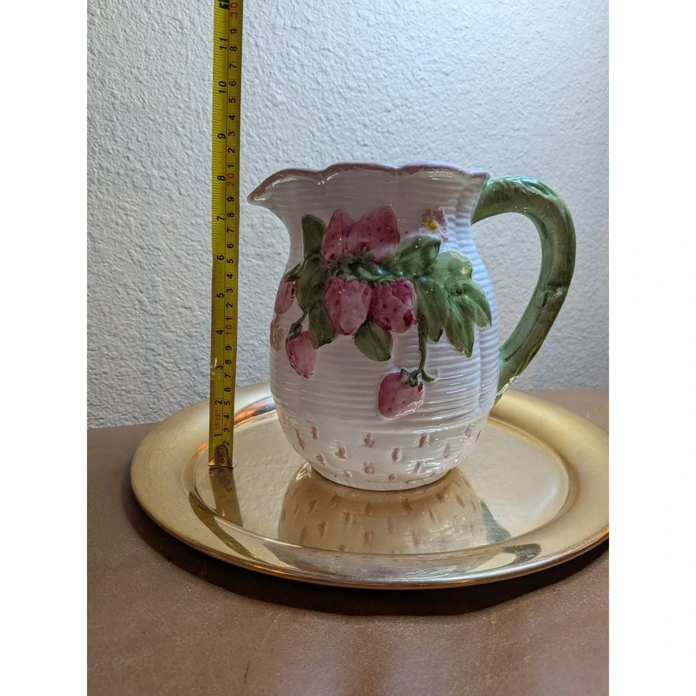 Vintage Italian Majolica Strawberry Pitcher 3D Fruit Relief Made in Italy